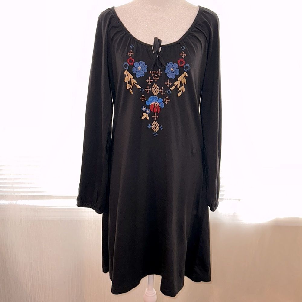 TAKE TWO M Black Boho Embroidered Scoop Neck Tie Front Balloon Sleeve Dress